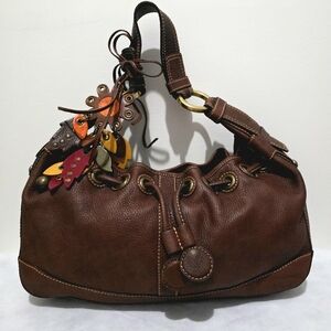 Isabella Fiore Brown Pebbled Leather Hobo Drawstring Shoulder Bag Floral Charm